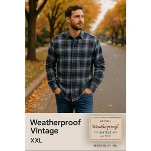 Weatherproof Vintage Men’s XXL Flannel Plaid Button-Down Shirt Navy Brown